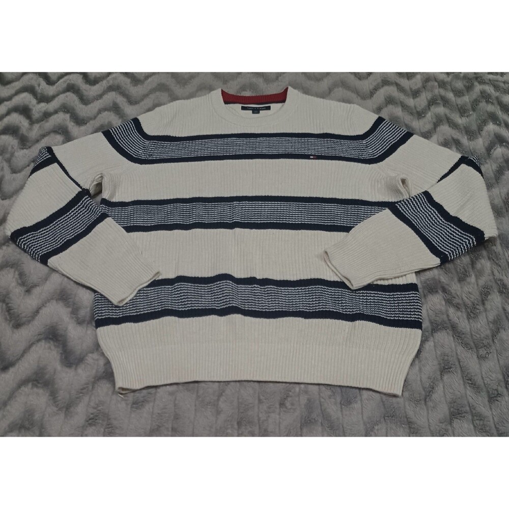Tommy Hilfiger Mens Size L Beige Blue Stripe 100% Cotton Sweater